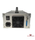 Rear view of an industrial power supply with ON/OFF switch, IEC power inlet, large cooling fan, and a blue DB-25 serial connector on the right.
