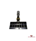 Industrial metal scraper with a wide flat blade featuring vertical slots attached to a vertical mounting shaft.